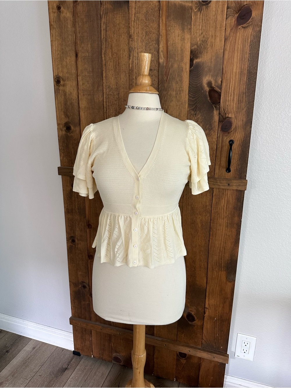 ba&sh Cream Ruffle-Sleeve Button Front Peplum Top